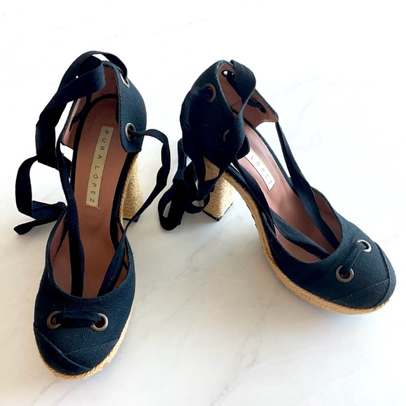 Pura Lopez black linen platform espadrille heels - Picture 2 of 8